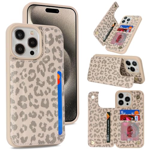 iCoverCase Compatible with iPhone 15 Pro Max Wallet Phone Case with Card Holder for Women Men [RFID Blocking] Card Slots PU Leather Protective Wallet Case 6.7 Inch (Beige Leopard)
