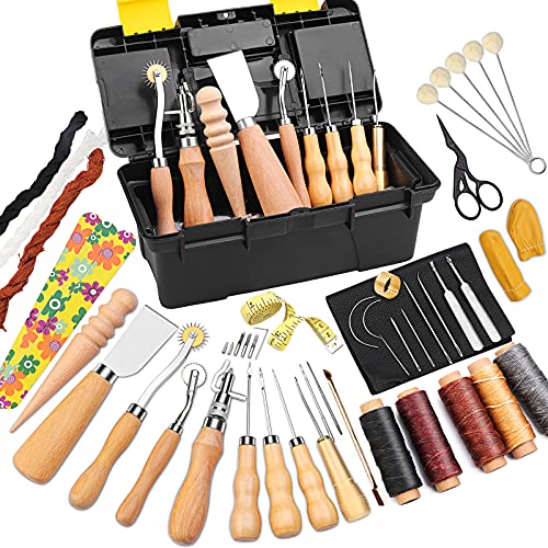 43Pcs Leather Craft Kits, Leather Sewing Kit, Leather Tool with Instructions, Tool Box, UV Stitching Groover, Waxed Thread, Tracing Wheel, and Other Leather Crafting Tools and Supplies