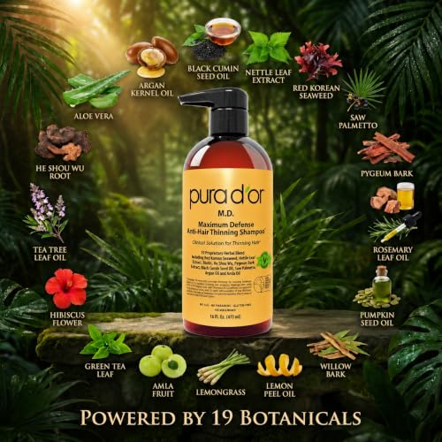 Image of PURA D'OR MD Anti-Hair Thinning Maximum Defense Shampoo - 0.5% Coal Tar, Biotin, Proprietary Herbal Blend For Dry & Itchy Scalp, No Sulfates - For Men & Women, Strong Coal Tar Scent 16 Oz