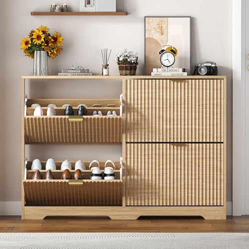Image of HUANLEGO Shoe Cabinet Storage for Entryway with 4 Flip Drawers, Oak Fluted Shoe Cabinet with Adjustable Shelves, Wooden Hidden Shoes Rack Freestanding Narrow Slim Shoes Storage for Hallway, Entrance