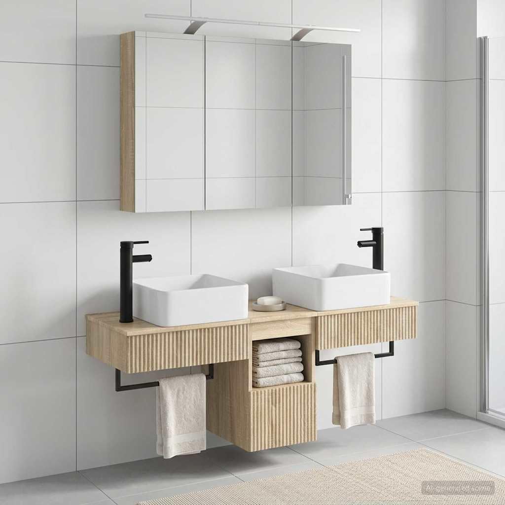 Set di 4 armadietti da bagno in rovere Sonoma, 100 x 14,5 x 70 cm, montaggio a parete, con vano portaoggetti, illuminazione a specchio integrata, design moderno per bagno, corridoio o cucina