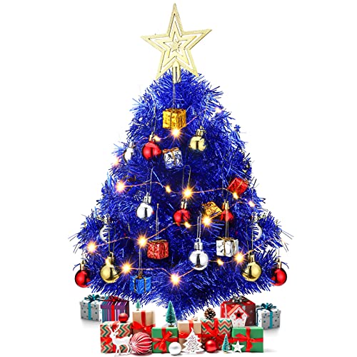 20 Inch Tabletop Mini Christmas Tree Set with LED Lights Artificial Small Christmas Tree DIY Decor Ornaments Balls, Star Treetop for Home Indoor Table Desk(Blue)
