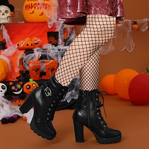 Allegra K Women's Platform Ankle Boots Lace Up Block Heels Combat Boots2