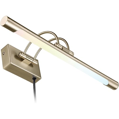 LEONLITE 3CCT Dimmable LED Picture Light, 2700K/3000K/4000K Selectable, CRI90 Swivel Full Metal Picture Frame Light for Wall Art, Painting, Artwork, Portrait, Plug-in & Hardwired, Antique Brass