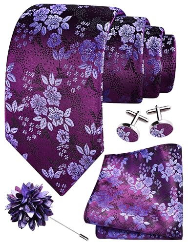 Image of GUSLESON 3.15 inch(8cm) Mens Floral Tie and Lapel Pin Necktie Hankerchief Cufflinks Set for Men