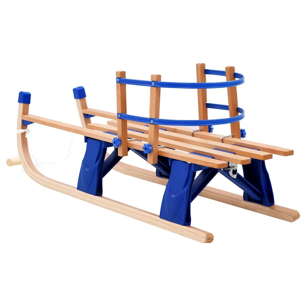 Klappbarer Holzschlitten mit Rückenlehne für Kinder und Erwachsene, Schneerutscher mit Metallkufen, Kunststoff-Tellerbob, Zugseil, Sicherheitsverriegelung, leicht transportierbar