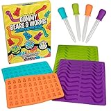 Gummy Bear & Worm Mold Trays - XL 4 PACK for 140 Candy Gummies - 4 FREE Droppers Included- FDA-Approved BPA-Free Nonstick Silicone