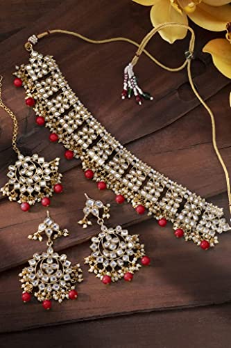 Image of Aheli Elegant Indian Faux Kundan Studded Choker Necklace with Maang Tikka Set Ethnic Wedding Wear Bharatanatyam jewellery set Gift for Women
