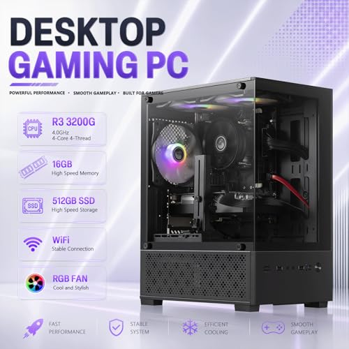 Image of ZER-LON Gaming PC Desktop Computer, Ryzen 3 4Cores up to 4.0GHz Towers PC | 16G RAM, 512GB SSD, WiFi, Prebuilt Gaming PC Tower Computer for Game Design and Office