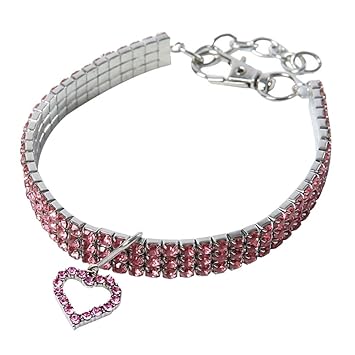 Aswadh Heart-Shaped Pet Necklace Dog Cat Crystal Collar Necklaces Supplies M Pink