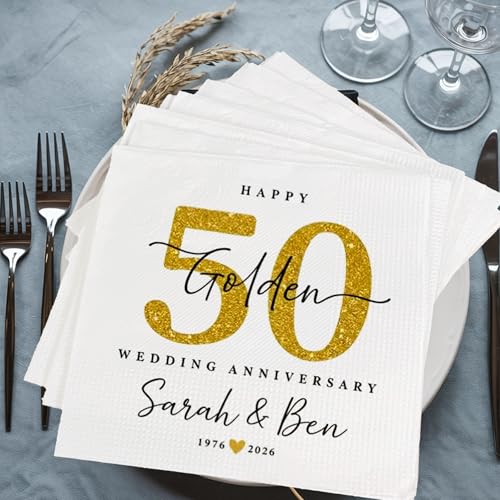 Luxury Personalized Pack 15pcs 50th Anniversary Napkins Custom 25th 30th 60th Happy Wedding Anniversary Decorations Beverage Luncheon Dinner Napkins 2