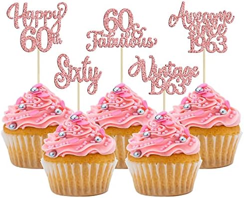 30Pcs Vintage 1963 Cupcake Toppers Glitter Sixty 60 Fabulous Happy 60th Birthday Cupcake Picks Cheers to 60 Years for 60th Birthday Anniversary Party Cake Decorations Supplies Rose Gold