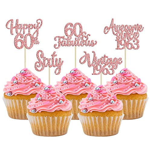 30Pcs Vintage 1963 Cupcake Toppers Glitter Sixty 60 Fabulous Happy 60Th Birthday Cupcake Picks Cheers To 60 Years For 60Th Birthday Anniversary Party Cake Decorations Supplies Rose Gold #TOP29