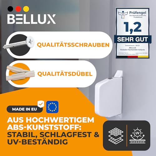Bellux Gurtwickler Aufputz - Mini Gurtwickler mit Einfädelautomatik - 180° schwenkbar - Für 14mm Rolladengurt - inkl. Abdeckkappen & Montagematerial - Lochabstand 153mm - Weiß (ohne Gurt)