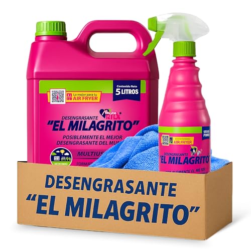 Desengrasante 5 Litros + Spray 750 ml El Milagrito, Quitagrasas ElMilagrito, Incluye Paño Microfibra 30x40cm en color azul, Desengrasante Multiusos para Cocina, Hornos, Microondas, Industrial y Más