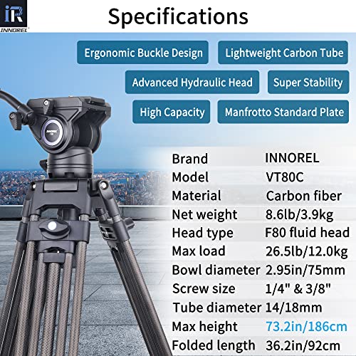 Video Carbon Fiber Tripod System, Innorel Vt80C Tripod Kit 73In/186Cm Professional Heavy Duty Carbon Twin Tube Tripod With F80 Fluid Head Mid-Level Spreader Max Load 12Kg Dslr Camcorder #TOP1