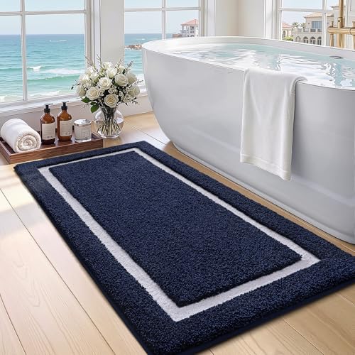 Image of Color&Geometry Navy Blue Bathroom Rugs 43x24, Extra Soft Absorbent Microfiber Bath Rugs, Non-Slip Bathroom mat, Washable Plush Bath Mats for Bathroom, Shower, Bathtub, Laundry, Blue White