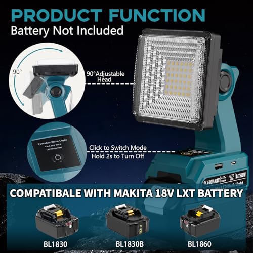 Image of 1500LM LED Work Light for Makita 18V LXT Battery, 25W Portable Flood Light with USB & Type-C Ports, 90 Rotate Head Cordless LED Light for Emergency, Workshop, Indoor and Outdoor Use (Tool Only)