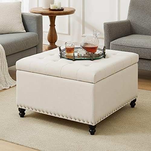 kinmars Square Storage Ottoman,Large Storage Ottoman Bench for Living Room,Oversized Tufted Storage Coffee Table,Foot Stools Ottoman and Blanket Storage for Living Room(Beige)