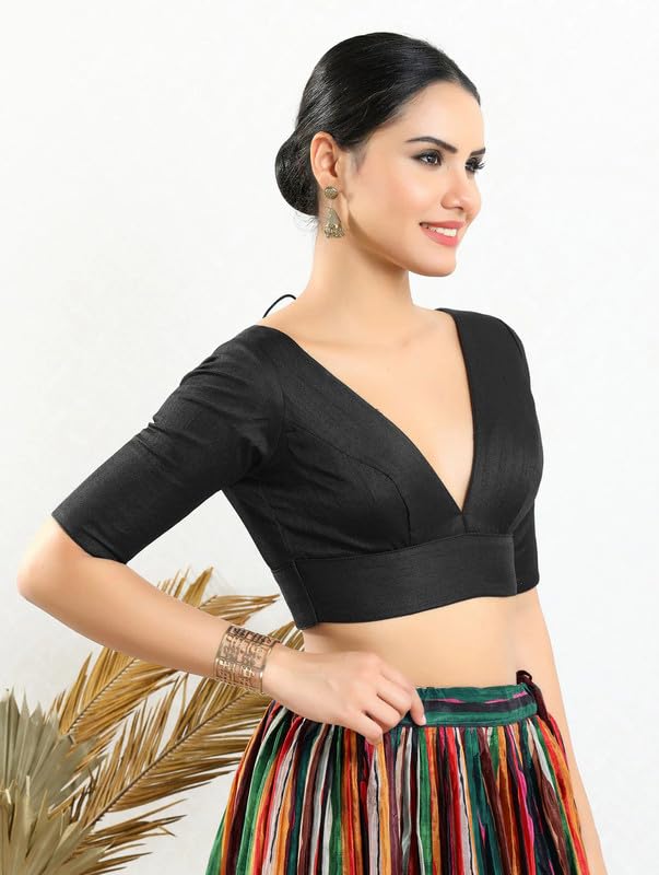Image of Dupion Silk Solid Non Padded Saree Blouse Top V-Neck Short Sleeves Hook and Eye Closure and Tie-Up Back Choli