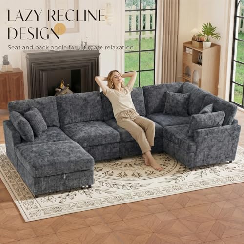 Image of 122.6 inch Chenille Modular Sectional 6 Seater Sofa, Deep Seat Couch with Ottoman & Removable Covers, Free Combination Modern Couch, L /U Shaped Modular Sectional Sofa, for Living Room, Apartment, Grey