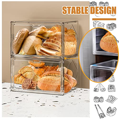 Onlyoily 2Pcs Upgrade Large Bread Box For Kitchen Countertop, Plastic Bread Box Bread Holder, Stackable Double Layer Bread Storage Container, Clear Bread Boxes For Kitchen Countertop, Pantry Storage #TOP2