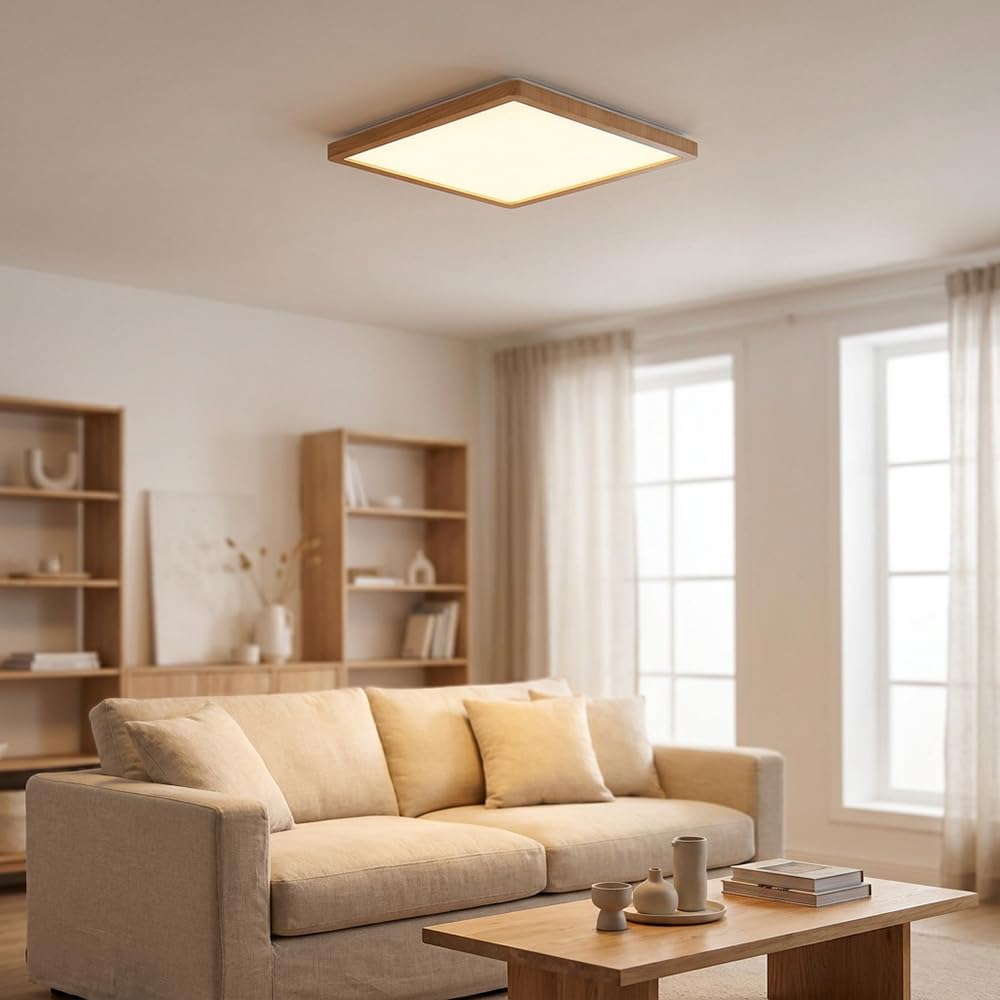 Deckenpanel Deckenlampe Deckenleuchte LED Panel Badezimmerlampe Badleuchte, IP44 Backlight Memoryfunktion 3 Stufen, Holzoptik opal, 24W 2300Lm warmweiß, LxBxH 42x42x2,5cm