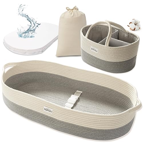 Image of Baby Changing Basket Set for Baby Dresser, Stylish Diaper Caddy Organizer, Moses Basket for Babies, Cotton Baby Changing Station, Baby Changing Table Topper for Dresser, Wipeable Pad, Nursery Decor