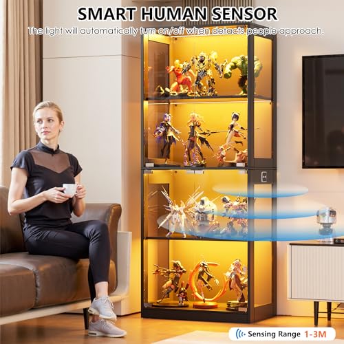 Miniatura 3 de Msfe Vitrina De Cristal Con Led, Vitrinas Para Salon Con Sensor Inteligente, 4 Capas De Vitrina Expositora Para Colecciones, Armario De Almacenamiento De Vidrio, Capacidad De Carga Por Capa: 25 Kg