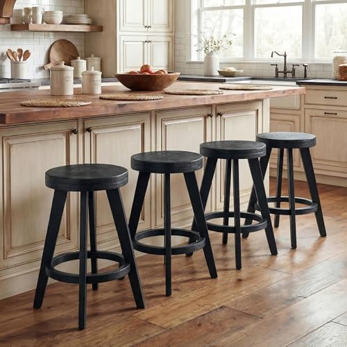 Image of Black Barstools Set of 4, 24 inch Counter Height Bar Stools with Wood Leg, Farmhouse Backless Stool for Kitchen Island, Bar Chairs with Round Seat
