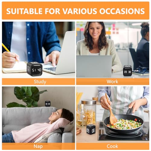 Image of GuDoQi Multi-Function Cube Timer, 5 /10 /30 /60 Min & Custom Count Down, Included Pause & Resume Feature, Silent, Vibrate & Adjustable Sound Alarm for Productivity in Tasks, Study & Kitchen, Black