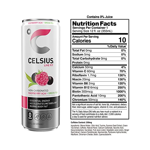 Image of CELSIUS Raspberry Acai Green Tea, Functional Essential Energy Drink 12 Fl Oz (Pack of 24)