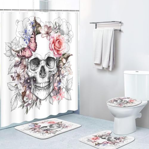 Britimes 4 Piece Shower Curtain Sets, Skull Flower with Non-Slip Rugs, Toilet Lid Cover and Bath Mat, for Bathroom Decor Set, 72" x 72"