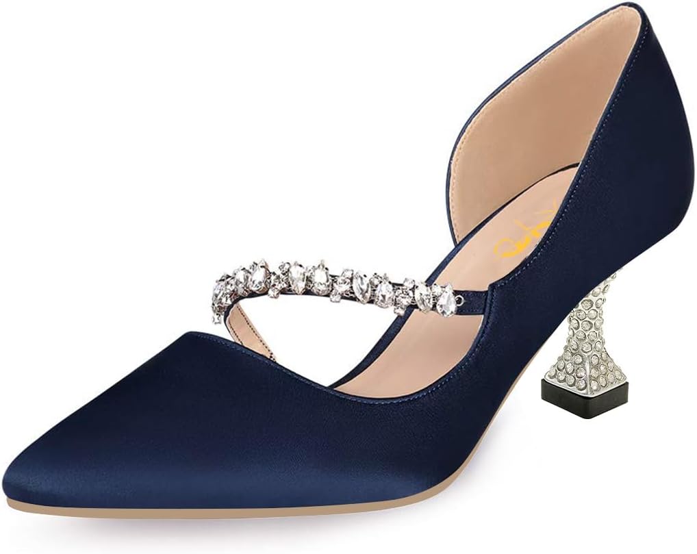 XYD Women D'Orsay Crystal Bridal Wedding Pumps Satin Kitten Low Heels Closed Pointed Toe Slip On Dress Evening Shoes