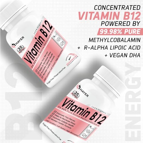 Image of HAYER Plant-Based Vitamin B12 Supplements for Women, Methylcobalamin 1500 mcg with Moringa, Vitamin D3 & B1 | Vegetarian B12 Tablets for Energy & Nervous System Support, 60 Tablets