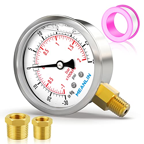Image of MEANLIN MEASURE -30inHG~30Psi Stainless Steel 1 /8 inch NPT 2.5 inch FACE DIAL Vacuum Pressure Gauge, Lower Mount, with 1 /4 inch NPT and 3 /8 inch NPT Hex Bushing
