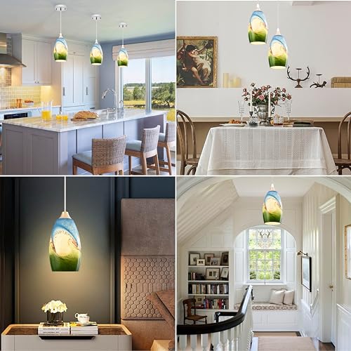 Image of GO&SO Blue-green Glass Lamp Shade 3Pcs,7.8 inch H x 4 inch D,Oval Pendant Light | 1.57 inch Fitter E26 Base,Hand-Blown Art Fixtures,Chandelier Shades for Kitchen Island,Hanging Light Shades
