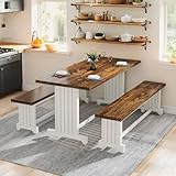 Tribesigns 47-Inch Small Dining Table Set for 2, 3-Piece Kitchen Table with 2 Benches, Farmhouse Wood Dinner Furniture for Narrow Space, Apartment, White & Rustic Brown