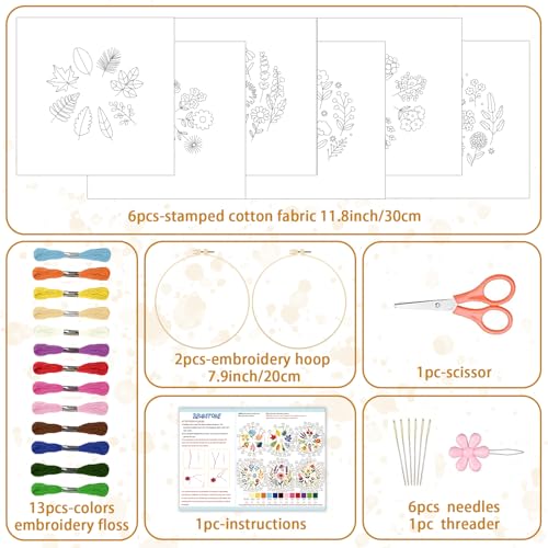 Image of BEUNITONE 6 Pack Beginner Embroidery Kit for Adults, Simple Floral Plants Pre-Stamped Pattern Starter Needlepoint Kits with Hoops & Instruction, Hand Embroidery Kits for Fabric and Home Decor 7.9x7.9