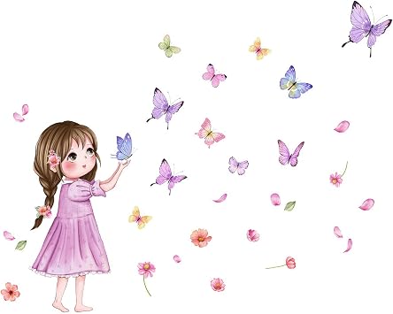 Flower Little Girl Colorful Butterfly Pattern Wall Sticker Backdrop Room Kindergarten Decorative Wall Decal