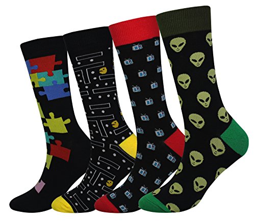 Men's 4 Packs Alien Socks Gift Fun Crazy Novelty Dress Crew Socks Gift