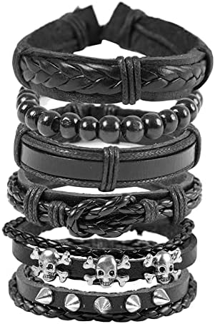 JJDreams 6-10 Pcs Leather Bracelets Set for Women Men Braided Wooden Beads Wrap Cuff Cord Adjustable