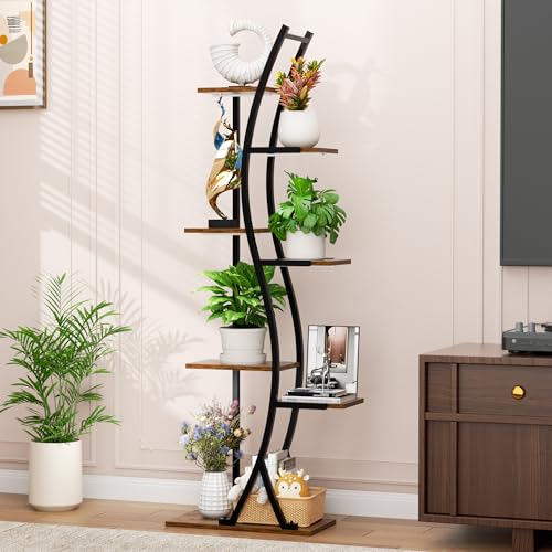 Image of MJOMKN 62 inch Plant Stand Indoor with Grow Lights - 7 Tiered Tall Metal Plant Shelf - Corner Wooden Plant Stand for Indoor Plants Multiple, Large S-Shape Flower Rack Holder for Living Room, Garden, Patio Decor