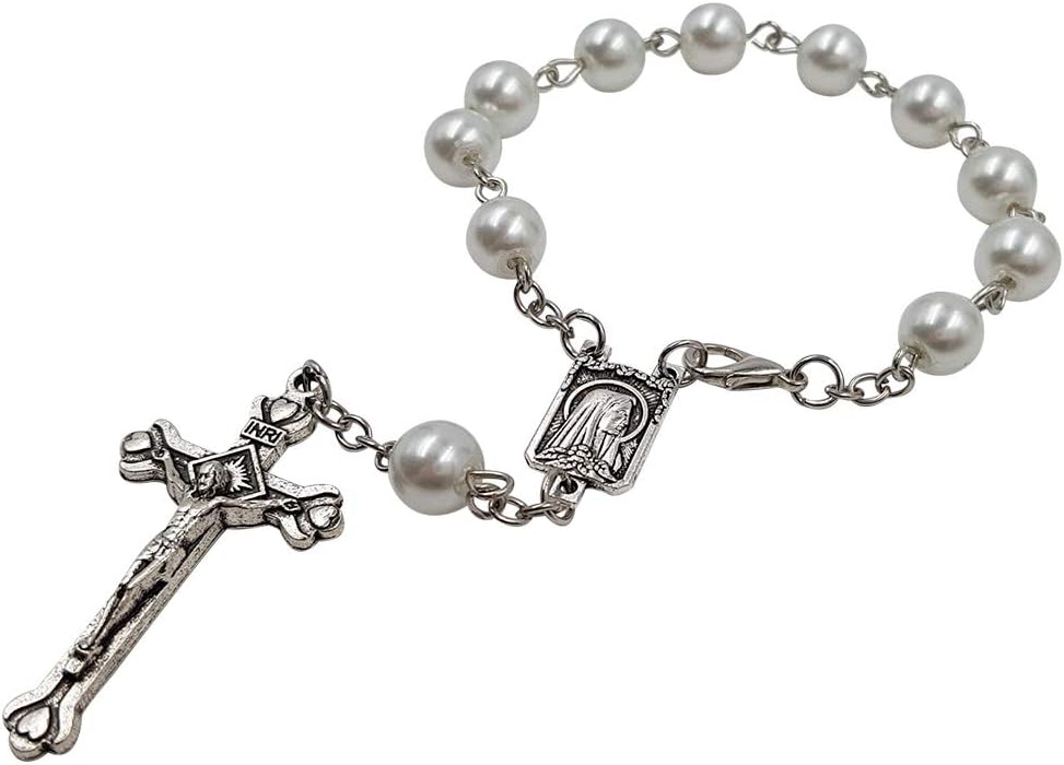 Treasure4U-Store One Decade Auto Rosary for Rearview Mirror White Pearl Glass Beads Catholic Bracelet Our Lady of Lourdes Centerpiece Religious Gift Car Truck Travel Protection - Image 2
