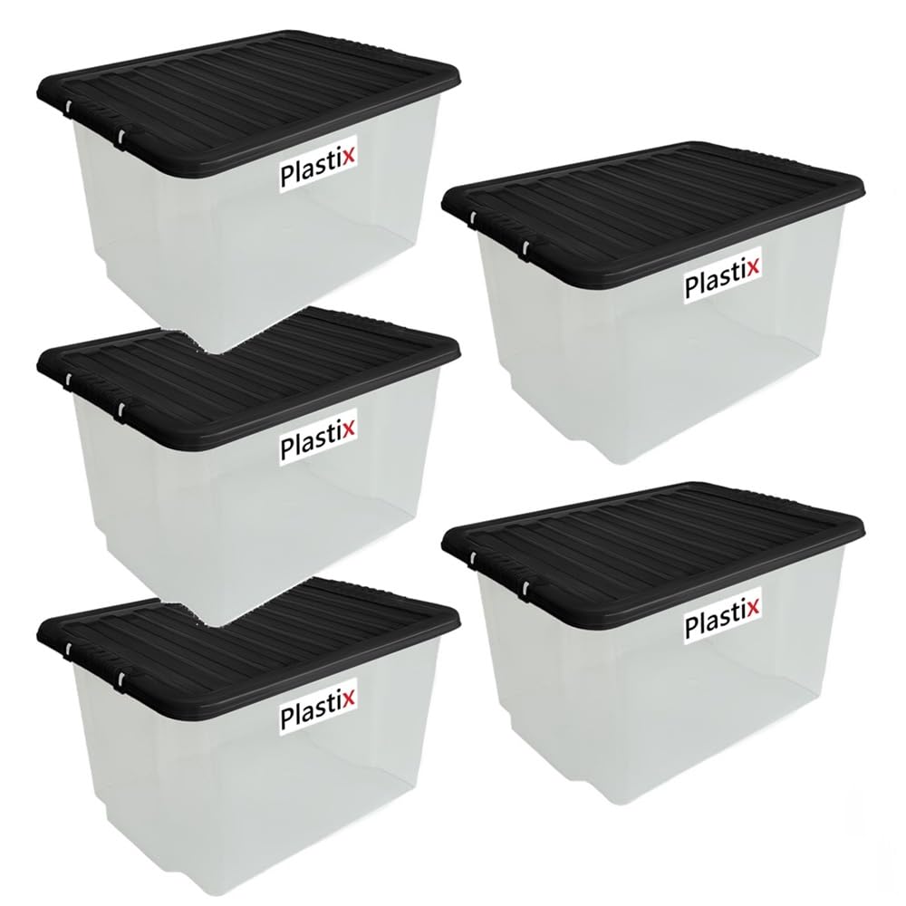 Plastix Set of 5 Clear Plastic Storage Box Boxes With Lids Home Office Stackable UK Made (30 LITRE, With Black Lid)
