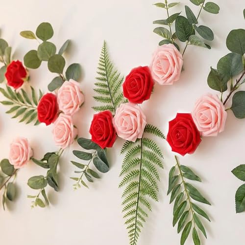 Image of 100Pcs Realistic Red Light Pink Artificial Rose Flower Heads, Foam Fake Roses for DIY Wedding Decorations Baby Shower Centerpieces Home Party Valentine's Day Mother's Day Decor