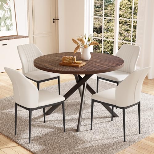 HIPIHOM 45.3'' Walnut Round Dining Table Set for 4, Mid Century Modern Small Coffee Set for Dining...