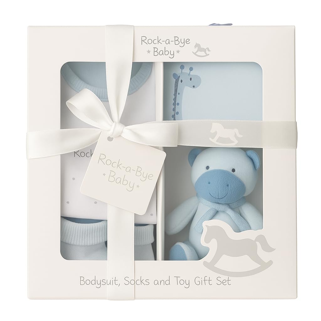 Bundle BearBundle Bear Baby Boy Newborn Baby Essentials 4 Piece Luxury Boxed Baby Gift Set - Baby Shower Gifts for Mum, Featuring Bodysuit, Bib, Socks and Soft Toy, (Blue, 0-3 Months)