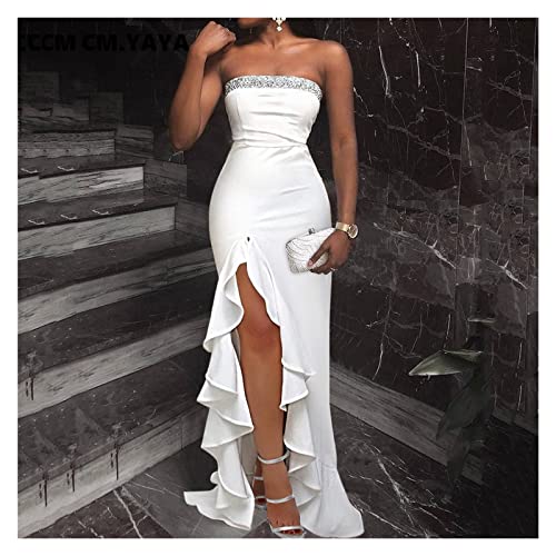 Generic Women Strapless Ruffles High Side Split Irregular Mermaid Bodycon Midi Dress Sexy Dress (Color : White, Size : Small Code) #TOP19