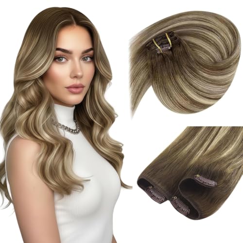 Image of Sunny Hair Clip in Hair Extensions Real Human Hair Brown Balayage 12 Inch | Short Hair Clip in Extensions, Balayage Olive Brown Roots to Blonde Highlights, Easy to Wear, Quick Daily Styling 85g